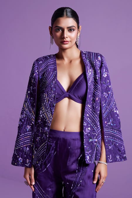 Shop Parul Gandhi Purple Satin, Organza, Cotton Sequins, Embellished Cape Sleeve Jacket Pant Set Online at Aza Fashions Shop_Parul Gandhi_Purple Satin, Organza, Cotton Sequins, Embellished Cape Sleeve Jacket Pant Set _Online_at_Aza_Fashions
