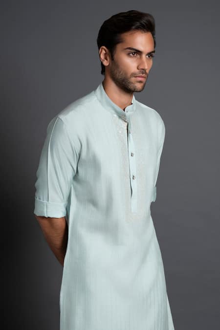 Shop_Raghavendra Rathore Jodhpur_Green Silk Embroidery Kurta _Online_at_Aza_Fashions