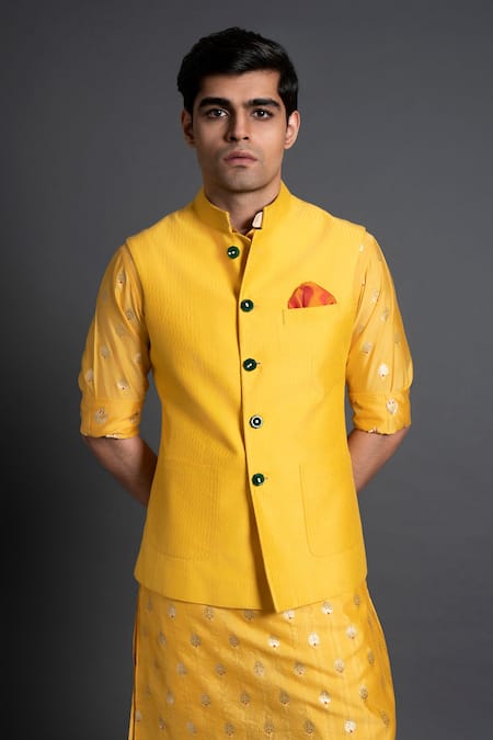 Shop Raghavendra Rathore Jodhpur Yellow Silk Embroidery Kantha Waistcoat Online at Aza Fashions Shop_Raghavendra Rathore Jodhpur_Yellow Silk Embroidery Kantha Waistcoat _Online_at_Aza_Fashions