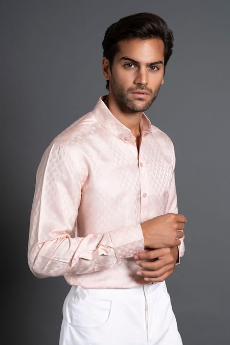 Buy_Raghavendra Rathore Jodhpur_Pink Taffeta Embroidery Tanchoi Floret Woven Shirt _Online_at_Aza_Fashions