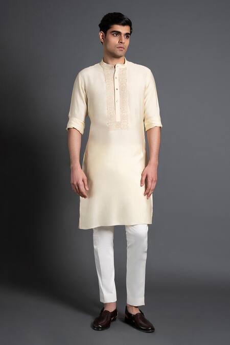 Raghavendra Rathore Jodhpur_Beige Silk Embroidery Yoke Kurta _Online_at_Aza_Fashions