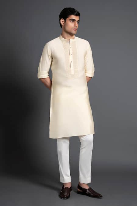 Buy_Raghavendra Rathore Jodhpur_Beige Silk Embroidery Yoke Kurta _Online_at_Aza_Fashions