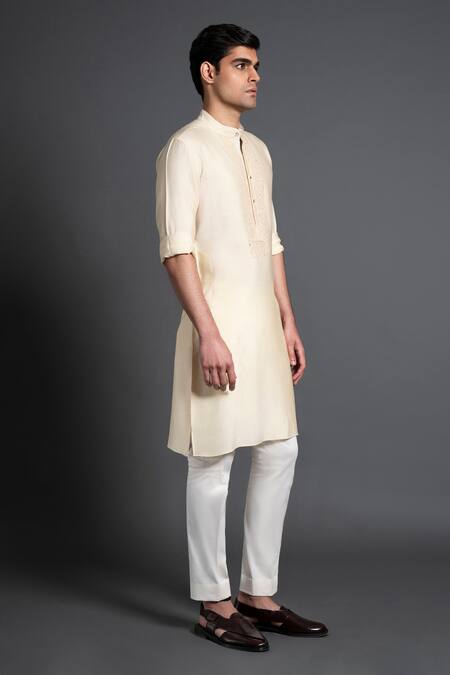 Shop_Raghavendra Rathore Jodhpur_Beige Silk Embroidery Yoke Kurta _Online_at_Aza_Fashions