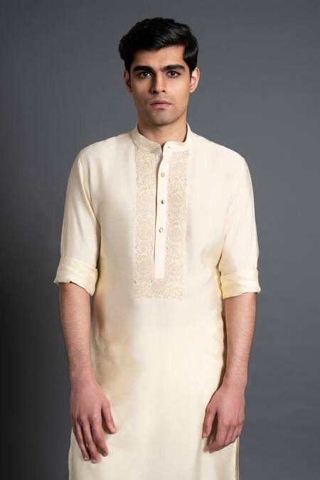 Raghavendra Rathore Jodhpur_Beige Silk Embroidery Yoke Kurta _at_Aza_Fashions