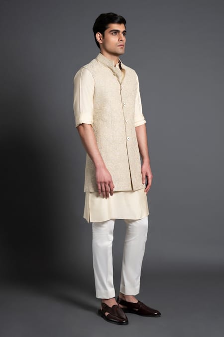 Buy_Raghavendra Rathore Jodhpur_Beige Silk Embroidery Thread And Pearl Work Waistcoat _Online_at_Aza_Fashions