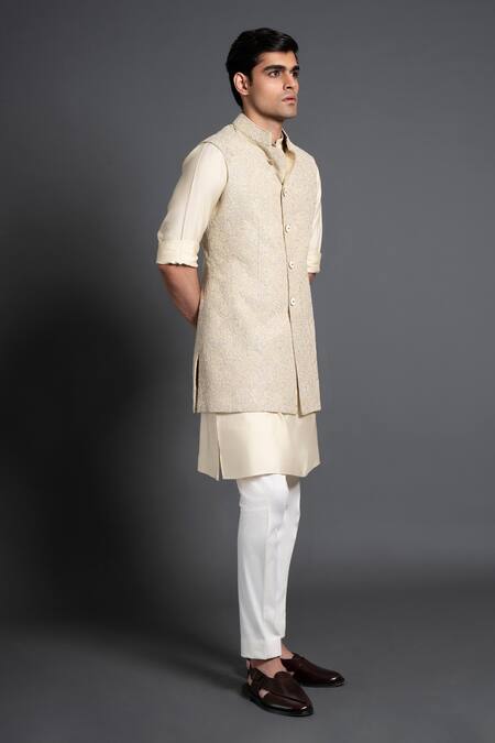 Shop_Raghavendra Rathore Jodhpur_Beige Silk Embroidery Thread And Pearl Work Waistcoat _Online_at_Aza_Fashions