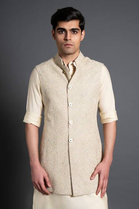 Raghavendra Rathore Jodhpur_Beige Silk Embroidery Thread And Pearl Work Waistcoat _at_Aza_Fashions