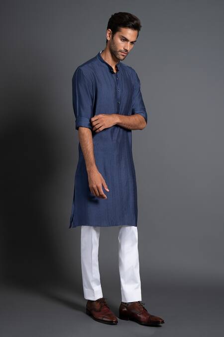 Raghavendra Rathore Jodhpur Blue Silk Embroidery Kantha Work And Pintuck Kurta Online at Aza Fashions Raghavendra Rathore Jodhpur_Blue Silk Embroidery Kantha Work And Pintuck Kurta _Online_at_Aza_Fashions