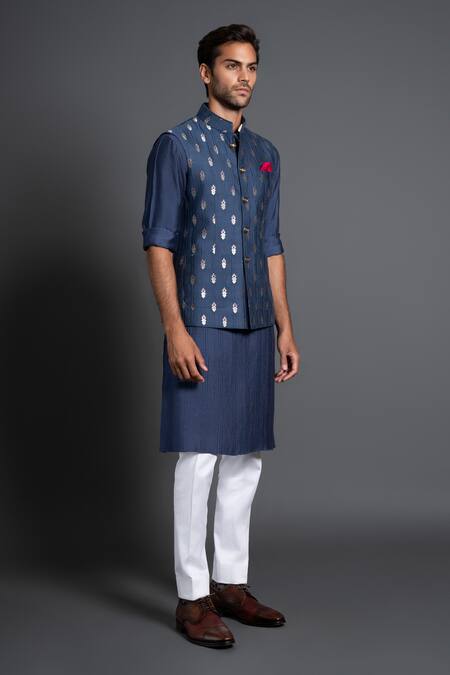 Raghavendra Rathore Jodhpur Blue Chanderi Silk Embroidery Floral Woven Kantha Work Waistcoat Online at Aza Fashions Raghavendra Rathore Jodhpur_Blue Chanderi Silk Embroidery Floral Woven Kantha Work Waistcoat _Online_at_Aza_Fashions