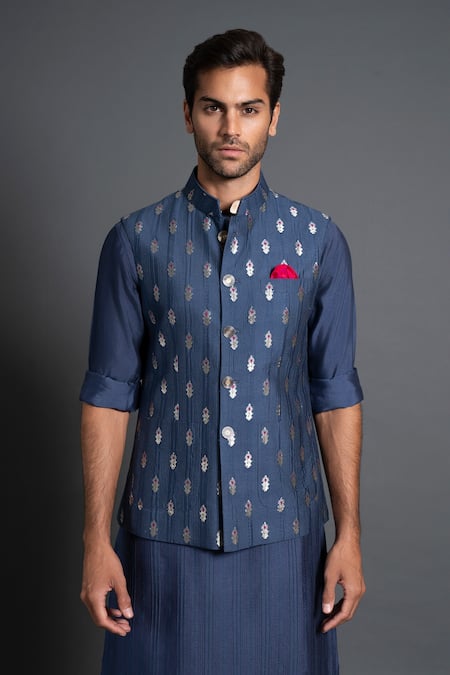 Buy Raghavendra Rathore Jodhpur Blue Chanderi Silk Embroidery Floral Woven Kantha Work Waistcoat Online at Aza Fashions Buy_Raghavendra Rathore Jodhpur_Blue Chanderi Silk Embroidery Floral Woven Kantha Work Waistcoat _Online_at_Aza_Fashions