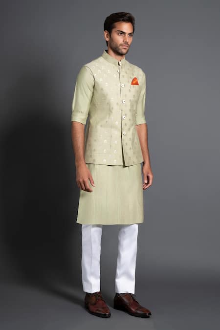 Raghavendra Rathore Jodhpur Green Chanderi Silk Embroidery Kantha Work And Woven Waistcoat Online at Aza Fashions Raghavendra Rathore Jodhpur_Green Chanderi Silk Embroidery Kantha Work And Woven Waistcoat _Online_at_Aza_Fashions