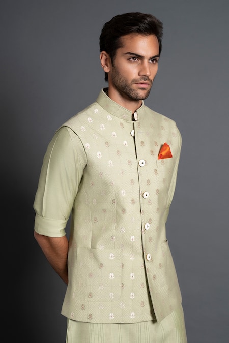 Buy Raghavendra Rathore Jodhpur Green Chanderi Silk Embroidery Kantha Work And Woven Waistcoat Online at Aza Fashions Buy_Raghavendra Rathore Jodhpur_Green Chanderi Silk Embroidery Kantha Work And Woven Waistcoat _Online_at_Aza_Fashions