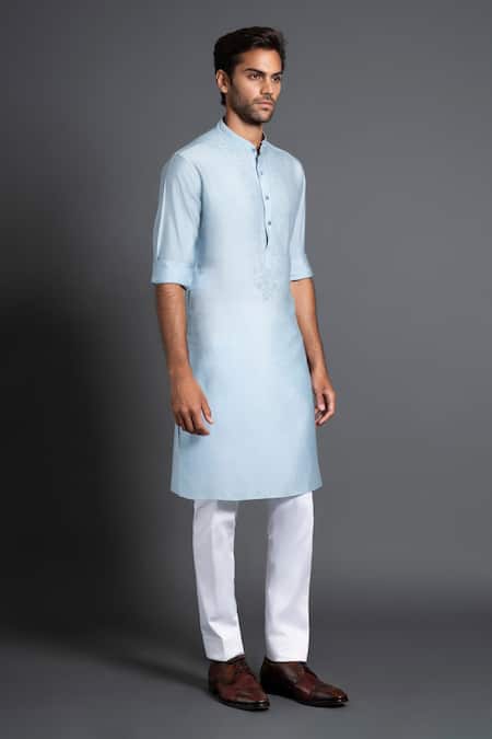 Raghavendra Rathore Jodhpur Blue Silk Embroidery Placket Kurta Online at Aza Fashions Raghavendra Rathore Jodhpur_Blue Silk Embroidery Placket Kurta _Online_at_Aza_Fashions
