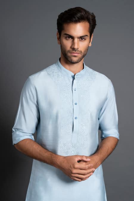 Buy Raghavendra Rathore Jodhpur Blue Silk Embroidery Placket Kurta Online at Aza Fashions Buy_Raghavendra Rathore Jodhpur_Blue Silk Embroidery Placket Kurta _Online_at_Aza_Fashions