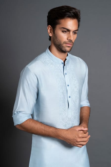 Shop Raghavendra Rathore Jodhpur Blue Silk Embroidery Placket Kurta Online at Aza Fashions Shop_Raghavendra Rathore Jodhpur_Blue Silk Embroidery Placket Kurta _Online_at_Aza_Fashions