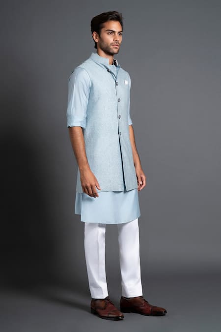 Raghavendra Rathore Jodhpur_Blue Silk Embroidery Geometric Patchwork Waistcoat _Online_at_Aza_Fashions