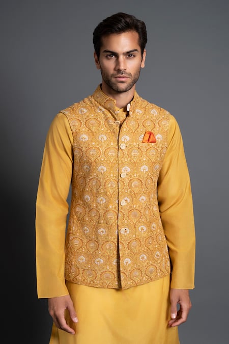 Buy_Raghavendra Rathore Jodhpur_Yellow Silk Embroidery Jharokha Waistcoat _Online_at_Aza_Fashions