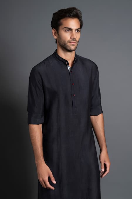 Raghavendra Rathore Jodhpur Black Silk Embroidery Pintuck And Kantha Work Kurta Online at Aza Fashions Raghavendra Rathore Jodhpur_Black Silk Embroidery Pintuck And Kantha Work Kurta _Online_at_Aza_Fashions