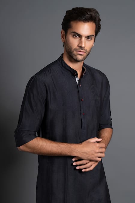 Buy Raghavendra Rathore Jodhpur Black Silk Embroidery Pintuck And Kantha Work Kurta Online at Aza Fashions Buy_Raghavendra Rathore Jodhpur_Black Silk Embroidery Pintuck And Kantha Work Kurta _Online_at_Aza_Fashions
