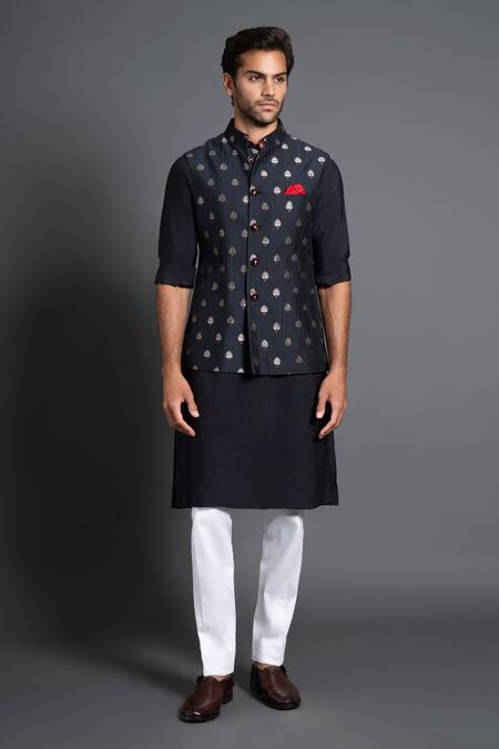 Raghavendra Rathore Jodhpur_Black Chanderi Silk Embroidery Woven And Kantha Work Waistcoat _Online_at_Aza_Fashions