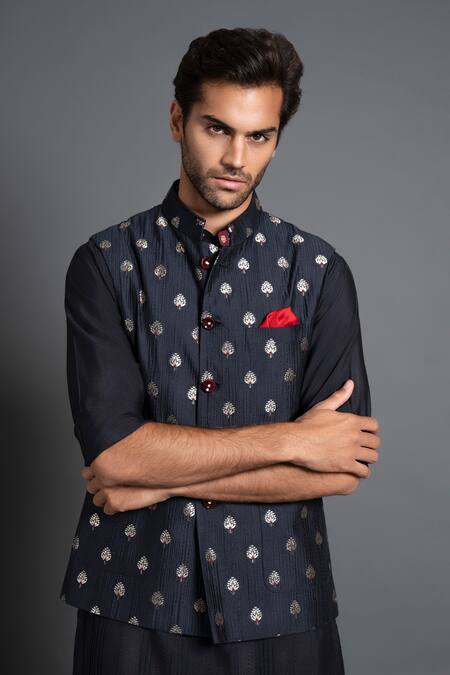 Buy_Raghavendra Rathore Jodhpur_Black Chanderi Silk Embroidery Woven And Kantha Work Waistcoat _Online_at_Aza_Fashions