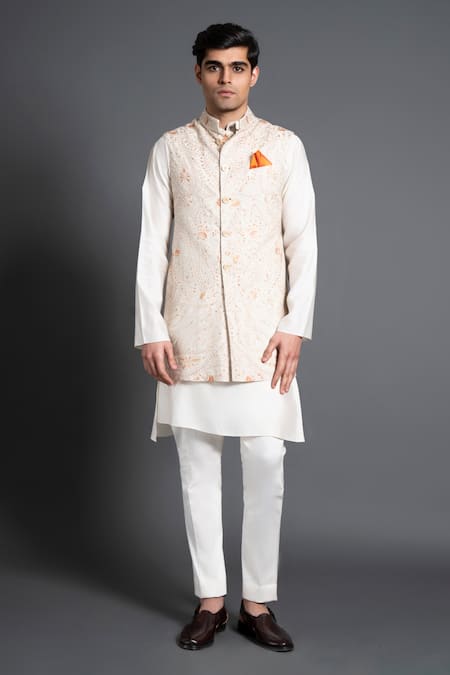 Raghavendra Rathore Jodhpur_Off White Silk Embroidery Jaal Waistcoat _Online_at_Aza_Fashions