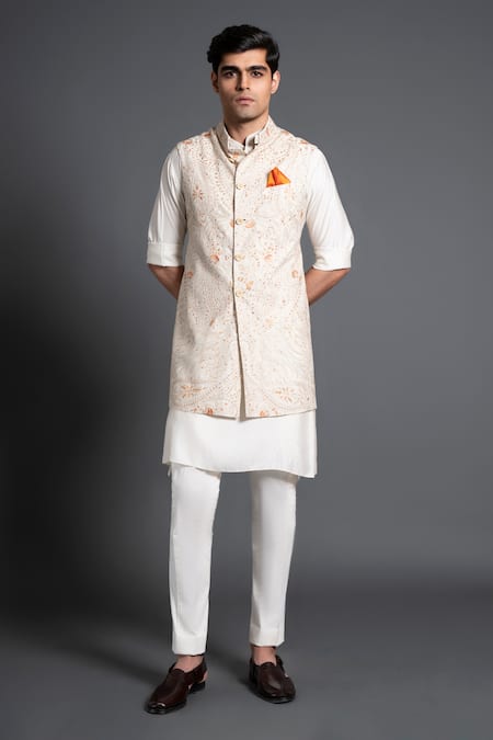 Buy_Raghavendra Rathore Jodhpur_Off White Silk Embroidery Jaal Waistcoat _Online_at_Aza_Fashions