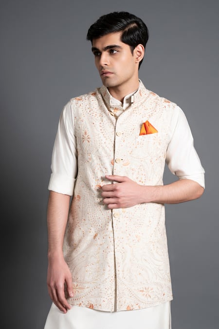 Raghavendra Rathore Jodhpur_Off White Silk Embroidery Jaal Waistcoat _at_Aza_Fashions