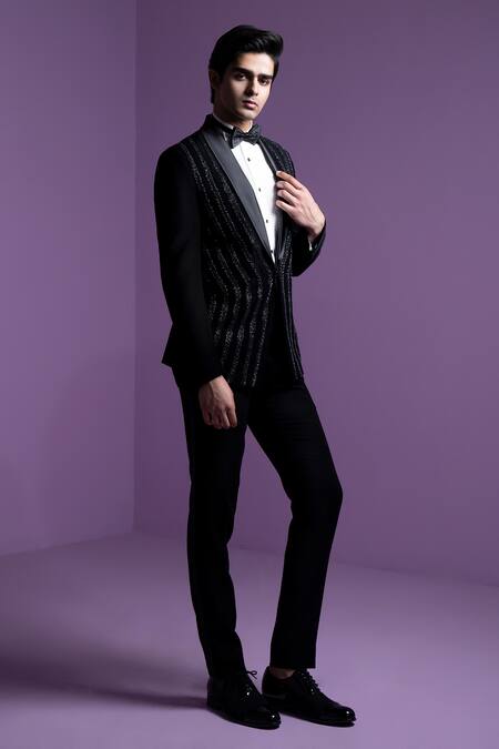 Shop Contrast By Parth Black Silk, Cotton Embroidery Lunar Braid Tuxedo Set Online at Aza Fashions Shop_Contrast By Parth_Black Silk, Cotton Embroidery Lunar Braid Tuxedo Set _Online_at_Aza_Fashions