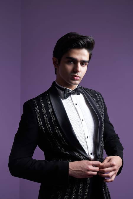 Buy_Contrast By Parth_Black Silk, Cotton Embroidery Lunar Braid Tuxedo Set 