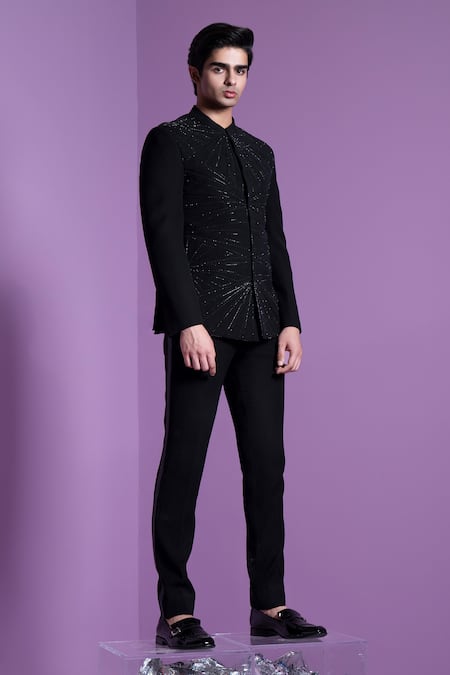 Contrast By Parth_Black Cotton, Wool Crystals Dazzle Shadow Bandhgala With Pant _Online_at_Aza_Fashions