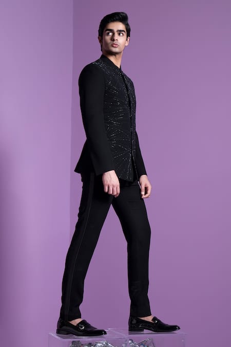 Buy_Contrast By Parth_Black Cotton, Wool Crystals Dazzle Shadow Bandhgala With Pant _Online_at_Aza_Fashions