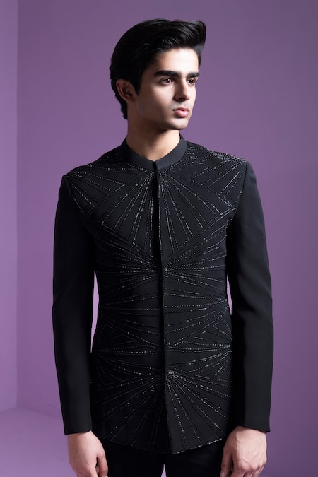 Shop_Contrast By Parth_Black Cotton, Wool Crystals Dazzle Shadow Bandhgala With Pant _Online_at_Aza_Fashions