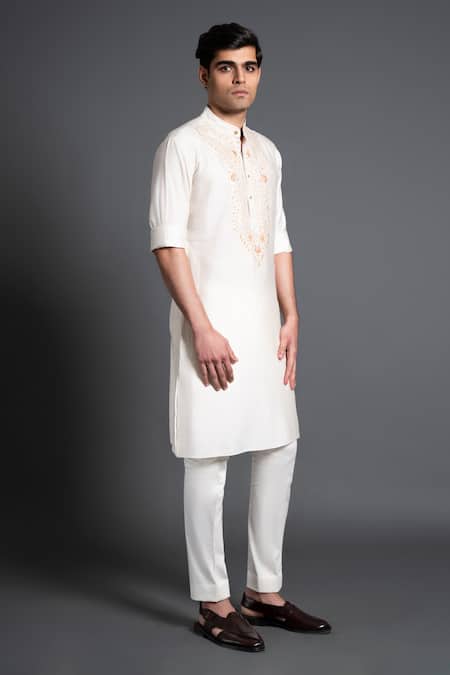 Raghavendra Rathore Jodhpur_Off White Silk Embroidery Yoke Kurta _Online_at_Aza_Fashions