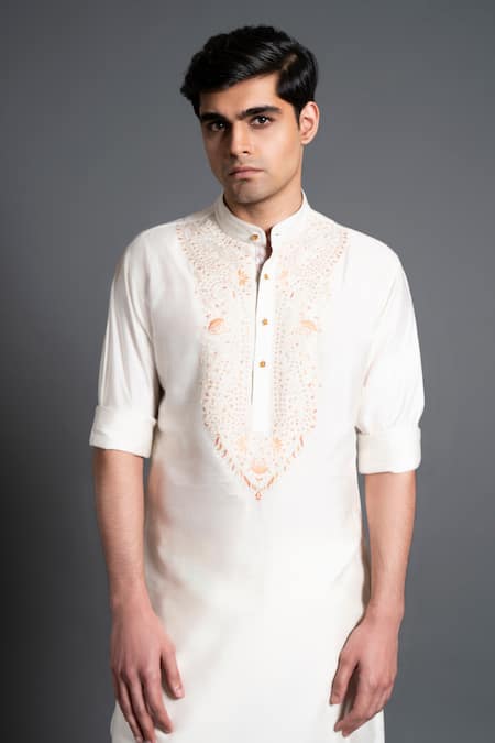 Buy_Raghavendra Rathore Jodhpur_Off White Silk Embroidery Yoke Kurta _Online_at_Aza_Fashions