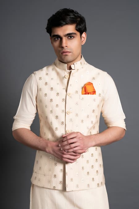 Buy Raghavendra Rathore Jodhpur Beige Chanderi Silk Embroidery Kantha Work Waistcoat Online at Aza Fashions Buy_Raghavendra Rathore Jodhpur_Beige Chanderi Silk Embroidery Kantha Work Waistcoat _Online_at_Aza_Fashions