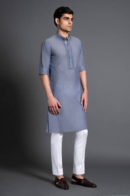 Raghavendra Rathore Jodhpur Blue Cotton Embroidery Placket Kurta Online at Aza Fashions Raghavendra Rathore Jodhpur_Blue Cotton Embroidery Placket Kurta _Online_at_Aza_Fashions