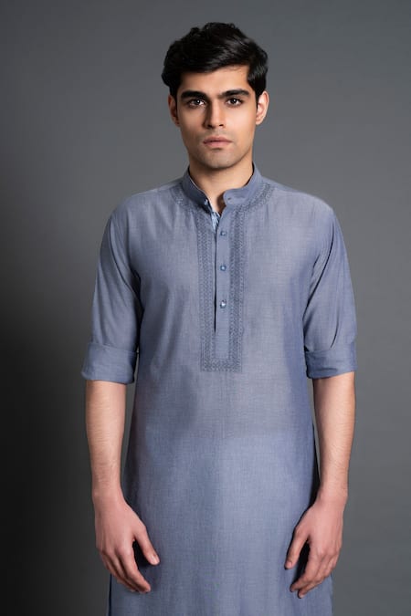 Buy Raghavendra Rathore Jodhpur Blue Cotton Embroidery Placket Kurta Online at Aza Fashions Buy_Raghavendra Rathore Jodhpur_Blue Cotton Embroidery Placket Kurta _Online_at_Aza_Fashions