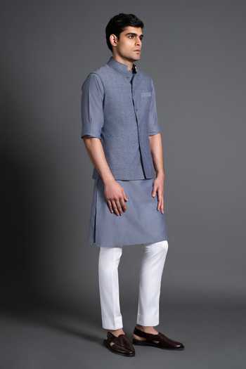 Raghavendra Rathore Jodhpur_Blue Cotton Embroidery Geometric Waistcoat _Online_at_Aza_Fashions