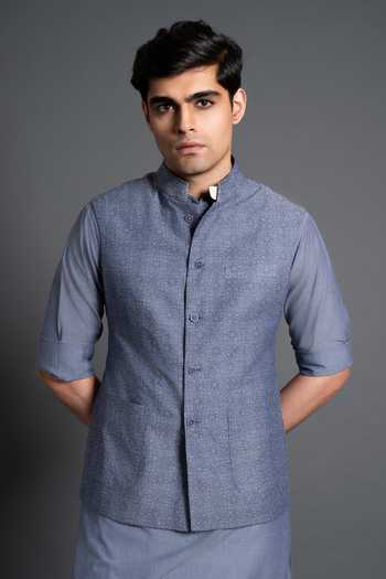 Buy_Raghavendra Rathore Jodhpur_Blue Cotton Embroidery Geometric Waistcoat _Online_at_Aza_Fashions