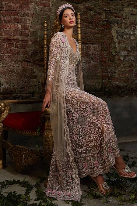 Buy_Cherie D_Grey Tulle, Silk Beads, Sequins, Embroidery V-neck Duchess Column Gown With Cape _Online_at_Aza_Fashions