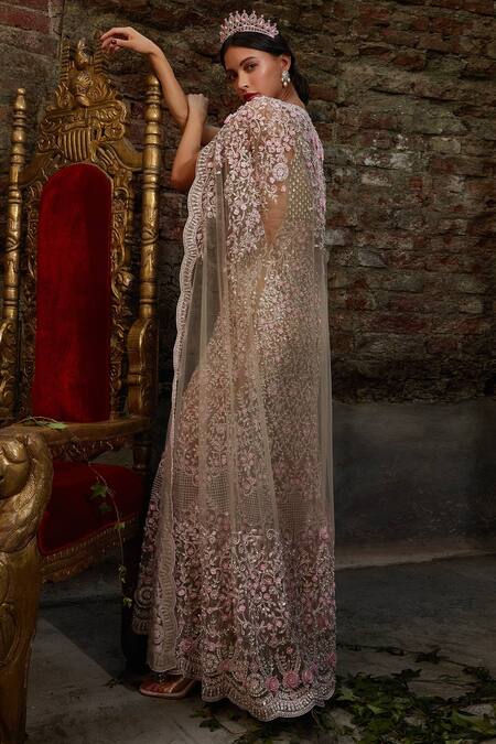 Shop_Cherie D_Grey Tulle, Silk Beads, Sequins, Embroidery V-neck Duchess Column Gown With Cape _Online_at_Aza_Fashions