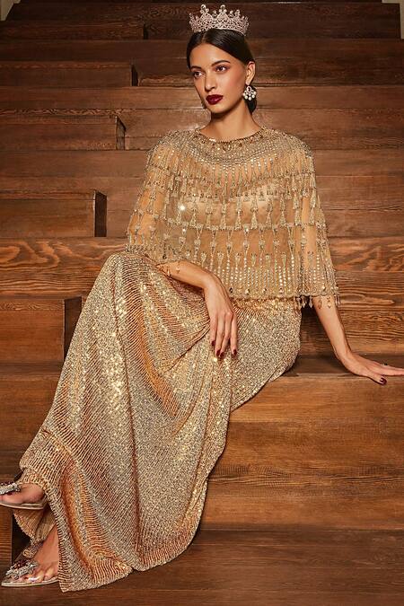 Cherie D_Gold Tulle, Silk Sequins Round Neck Monarch Embroidered Cape And Draped Skirt Set _Online_at_Aza_Fashions