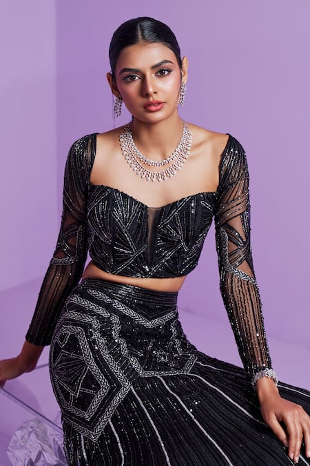 Parul Gandhi_Black Silk, Cotton, Net Sequins, Crystals Mesh Embroidered Lehenga Set _Online_at_Aza_Fashions