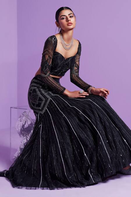 Buy_Parul Gandhi_Black Silk, Cotton, Net Sequins, Crystals Mesh Embroidered Lehenga Set _Online_at_Aza_Fashions