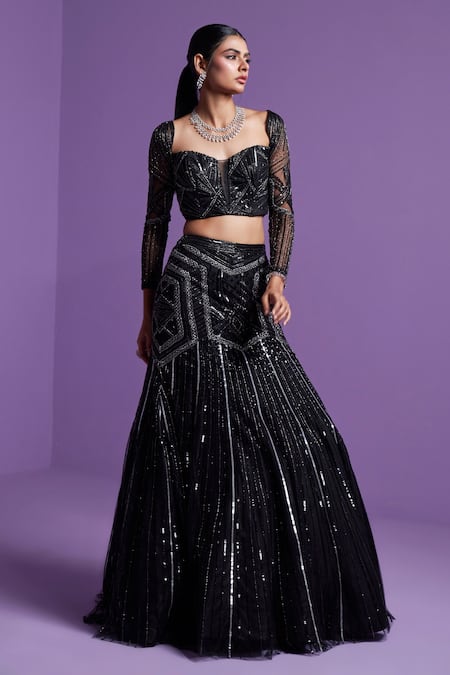 Shop_Parul Gandhi_Black Silk, Cotton, Net Sequins, Crystals Mesh Embroidered Lehenga Set _Online_at_Aza_Fashions