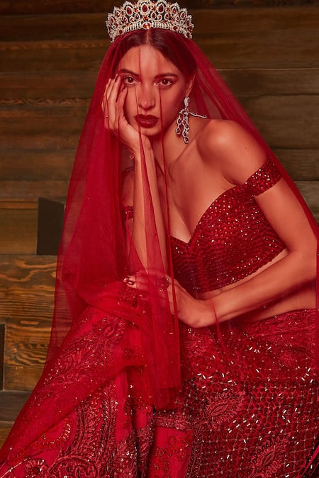Buy_Cherie D_Red Silk, Tulle Beads, Crystals, Embroidery Sweetheart Maharani Lehenga Set _Online_at_Aza_Fashions