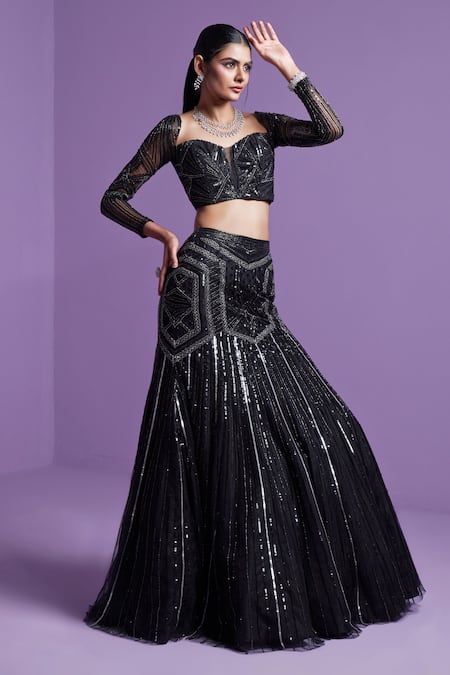 Parul Gandhi_Black Silk, Cotton, Net Sequins, Crystals Mesh Embroidered Lehenga Set _at_Aza_Fashions