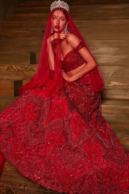 Shop_Cherie D_Red Silk, Tulle Beads, Crystals, Embroidery Sweetheart Maharani Lehenga Set _Online_at_Aza_Fashions