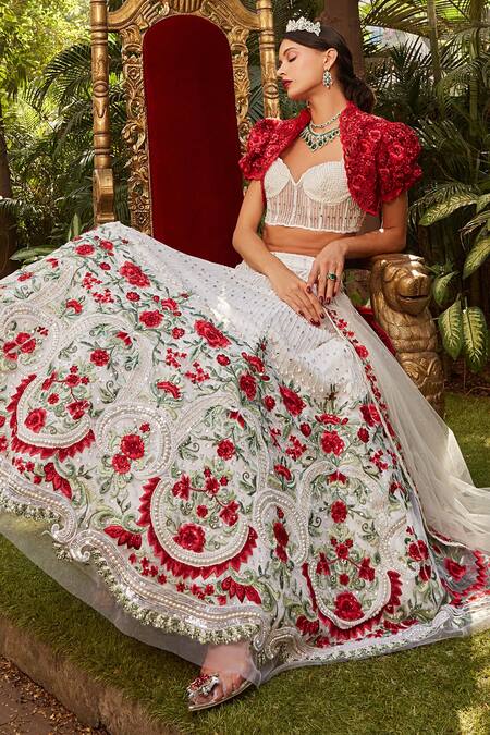 Cherie D_Red Tulle, Silk Pearls, Sequins, Begum Jaan Bolero Jacket And Lehenga Set _Online_at_Aza_Fashions